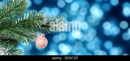 Palla di Natale appesa al ramo dell'abete su luci sfocate su sfondo blu, effetto bokeh. Design banner Foto Stock