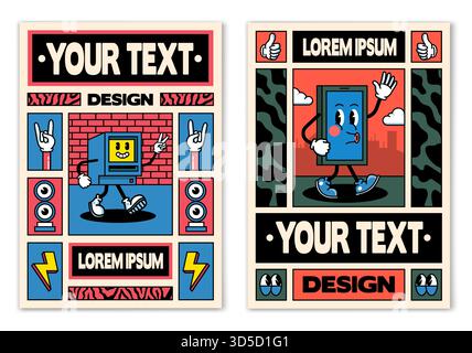 Poster o striscioni retrò in stile fumetto anni '80-'90 con patch, spille e adesivi alla moda. Può essere utilizzato per la progettazione di copertine, libri, copertina CD, A. Illustrazione Vettoriale