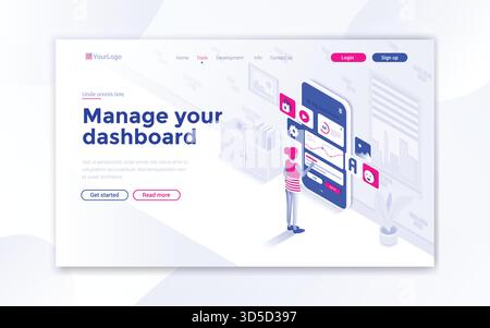 Modello di landing page di Gestisci dashboard. Moderno concetto isometrico di progettazione di pagine web per siti web e siti web mobili. Facile da modificare e cu Illustrazione Vettoriale