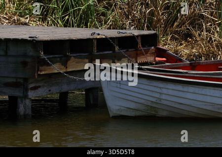 Vecchia catena di barche a remi legata al molo del lago Foto Stock