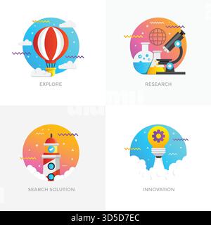 Icone dei concetti moderni e a colori piatti per esplorare, ricercare, cercare soluzioni, innovazione. Può essere utilizzato per progetti Web , applicazioni, infografiche Illustrazione Vettoriale