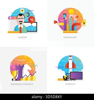Icone dei concetti moderni e a colori piatti per carriera, lavoro di squadra, strategia aziendale e startup. Può essere utilizzato per progetti Web , applicazioni, infografica Illustrazione Vettoriale
