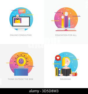 Icone dei concetti moderni e a colori piatti per la consulenza online, l'istruzione per tutti, pensare fuori dagli schemi e studiare. Può essere utilizzato per Web Project , Illustrazione Vettoriale