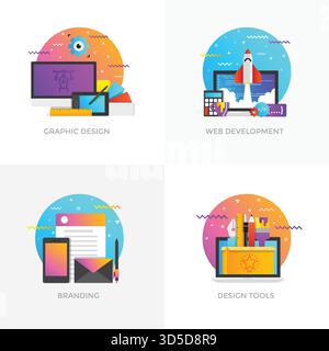 Icone dei concetti di design moderno e a colori piatti per la progettazione grafica, lo sviluppo Web, il Branding e gli strumenti di progettazione. Può essere utilizzato per Web Project , applicazioni, Illustrazione Vettoriale