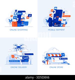 Icone di concept dal design moderno e piatto per acquisti online, pagamenti mobili, consegna di droni e negozio online. Può essere utilizzato per Web Project , Applicat Illustrazione Vettoriale