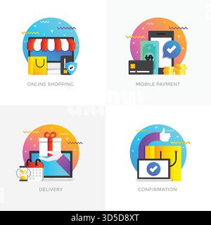 Icone di concept dal design moderno e piatto per lo shopping online, il pagamento mobile, la consegna e la conferma. Può essere utilizzato per Web Project , applicazioni, Illustrazione Vettoriale