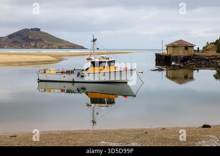 Una piccola barca da pesca che si riflette nelle tranquille acque costiere. Waikouaiti Bay, Otago, nuova Zelanda Foto Stock