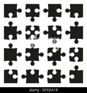 Puzzle mockup. Puzzle seghetto alternativo modello da 16 pezzi. Esempio di sfida di gioco puzzle. Le seghetti da lavoro 4x4 riflettono lo sfondo piatto. Mente semplice Illustrazione Vettoriale
