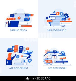 Icone di concept dal design moderno e piatto per la progettazione grafica, lo sviluppo Web, lo sviluppo di app e l'ottimizzazione SEO. Può essere utilizzato per Web Project , App Illustrazione Vettoriale