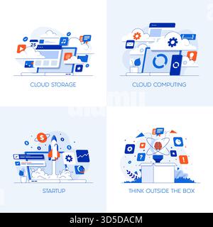 Icone dei concetti moderni e a colori piatti per lo storage cloud, il cloud computing, l'avvio e il pensiero fuori dagli schemi. Può essere utilizzato per Web Project , Applica Illustrazione Vettoriale