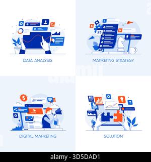 Icone dei concetti moderni e a colori piatti per l'analisi dei dati, la strategia di marketing, il marketing digitale e la soluzione. Può essere utilizzato per Web Project , Applicat Illustrazione Vettoriale