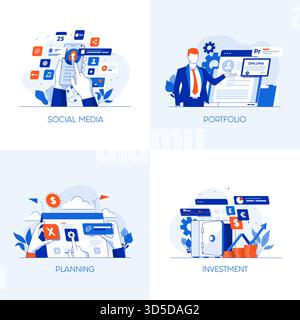 Icone dei concetti moderni e a colori piatti per social media, portfolio, pianificazione e investimenti. Può essere utilizzato per progetti Web , applicazioni, Infographi Illustrazione Vettoriale