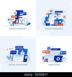 Icone di concetti moderni e a colori piatti per farmacia online, assicurazione sanitaria, assistenza sanitaria online e assistenza sanitaria. Può essere utilizzato per Web Project , appli Illustrazione Vettoriale