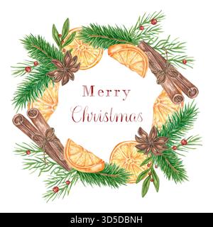Una corona di Natale rotonda fatta di rami di abete, fette di arancia, mirtilli rossi, cannella, anice. Una cornice invernale ad acquerello per decorare cartoline, menu e decorazioni natalizie. Bordo con spazio per il testo Foto Stock