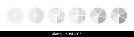 Diagramma monocromatico con 1, 2, 3, 4, 5, 6 sezioni uguali, passi. Set di grafici a torta. Icone cerchiate per UI, web design, presentazione aziendale, infografica Illustrazione Vettoriale