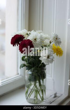 Bouquet di crisantemi in colori bianco, giallo e Bordeaux disposti in un semplice vaso di vetro e posti su davanzale. Foto Stock