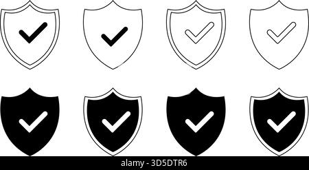 Set di icone scudi di sicurezza, logotipi scudi di protezione con segno di spunta e lucchetto. Simboli dello scudo di sicurezza. Illustrazione vettoriale. Illustrazione Vettoriale