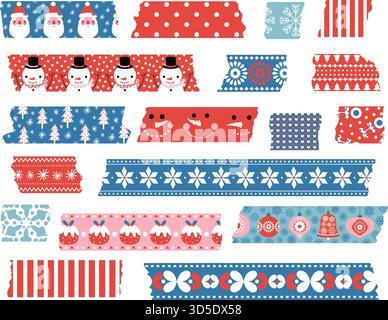 Grazioso set di nastri in carta vettoriale con strisce adesive natalizie nei colori blu e rosso per le feste Illustrazione Vettoriale