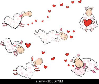 Set vettoriale di graziose pecore volanti a forma di cuori per il giorno di San Valentino, docce per bambini e biglietti d'auguri Illustrazione Vettoriale