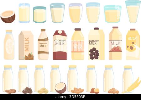 Le icone del latte vegetale impostano il vettore cartoon. Soia di mandorle. Soia di cocco Illustrazione Vettoriale