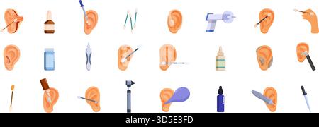 Set di icone per la pulizia del canale uditivo. Esplorazione di vari strumenti e metodi per la pulizia delle orecchie per mantenere l'igiene delle orecchie, tra cui tamponi di cotone, gocce e spe Illustrazione Vettoriale