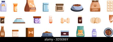 Le icone vitamine animali domestici impostano il vettore. Una collezione di articoli per animali domestici, tra cui cibo per cani, medicine e giocattoli. Concetto di cura e responsabilità per gli animali domestici Illustrazione Vettoriale