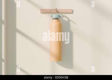 Una bottiglia d'acqua beige è appesa a un gancio di legno, illuminato da luce solare e ombre soffuse. rendering 3d. Foto Stock