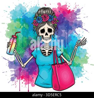Elegante scheletro con corona di fiori, bevanda, borsa tote isolata su sfondo bianco, Vector Illustrazione Vettoriale