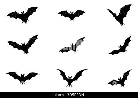 Collezione di spaventose silhouette di pipistrelli volanti per un design isolato su sfondo bianco, Vector Illustrazione Vettoriale