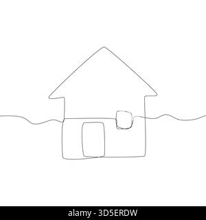 Disegno a linea continua. Illustrazione dell'edificio. Simbolo minimalista della casa. Arte residenziale vettoriale. Illustrazione Vettoriale