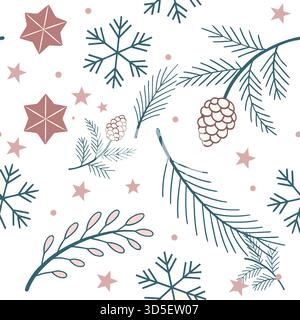 "Un motivo invernale senza cuciture con fiocchi di neve, stelle e rami di pino in morbide tonalità pastello, ideale per avvolgere carta, imballaggi, carte da parati e tessuti. Illustrazione Vettoriale