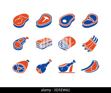 Collezione di 12 icone di glifo nero diversi tagli di carne, tra cui varie bistecche, arrosto, costolette e gambe. Arte vettoriale minimale piatta per macelleria A. Illustrazione Vettoriale