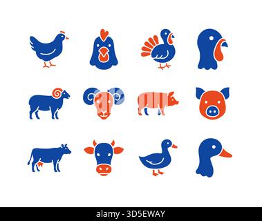 Raccolta di 12 icone del glifo nero animali d’allevamento e pollame, compresi suini, vacche, ovini, tacchini, polli e anatre. Disegno vettoriale piatto minimalista f Illustrazione Vettoriale