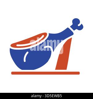 Icona del glifo nero di un'intera gamba di prosciutto stagionata su un piedistallo. Semplice illustrazione vettoriale piatta per cibo spagnolo, tapas bar o prodotti di carne gourmet. Illustrazione Vettoriale