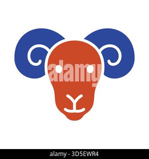 Icona di glifo nero della testa di un ariete con prominenti corna ricciolate. Design piatto e audace per imballaggi di carne, loghi agricoli o il cartello zodiaco Aries. Illustrazione Vettoriale