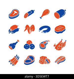 Il glifo nero indica vari prodotti a base di carne crudi e lavorati, tra cui bistecche, salsicce, pollame e pesce. Piatti minimamente vettoriali per i menu del ristorante Illustrazione Vettoriale