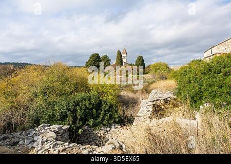 Una tranquilla scena rurale che mostra un piccolo campanile di chiesa che si innalza sopra alti alberi, con un muro di pietra intemprato e erbe secche in primo piano sotto un clo Foto Stock
