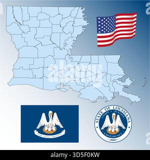 Louisiana Stato federale degli Stati Uniti che sventola bandiera, sigillo e mappa, Stati Uniti, illustrazione vettoriale Illustrazione Vettoriale