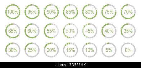 Icone dei diagrammi rotondi percentuali per infografiche da 0 a 100%. Set di elementi infografici. Indicatori dei grafici a torta suddivisi con riempimento a colori in Illustrazione Vettoriale