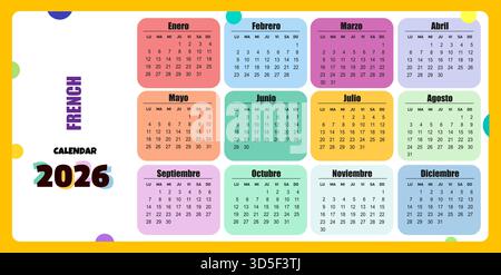 Francese. Anno solare Rainbow 2026. calendario vettoriale. Illustrazione Vettoriale