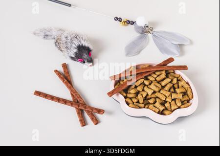 Ciotola di cibo per gatti, dolcetti, spazzoloni e giocattoli su sfondo chiaro Foto Stock