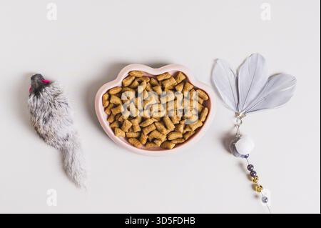 Ciotola con cibo secco per gatti e giocattoli sul tavolo Foto Stock