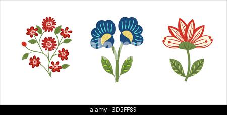 Set di fiori in stile arte popolare, fiori rossi e blu vintage della flora primaverile, vettore piatto Illustrazione Vettoriale
