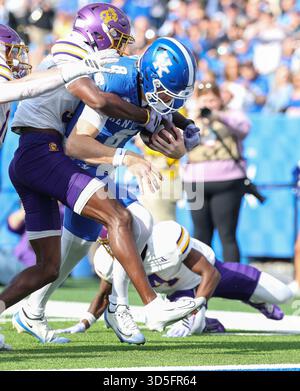 Lexington, Kentucky, Stati Uniti. 15 novembre 2025. Il quarterback del Kentucky Cutter Boley (8) entra nella end zone durante la partita di football NCAA tra i Kentucky Wildcats e i Tennessee Tech Golden Eagles al Kroger Field di Lexington, Kentucky. Kyle Okita/CSM/Alamy Live News Foto Stock