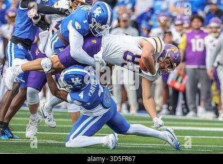 Lexington, Kentucky, Stati Uniti. 15 novembre 2025. Brian Courtney (83) di Tennessee Tech viene placcato da una coppia di difensori del Kentucky durante la partita di football NCAA tra i Kentucky Wildcats e i Tennessee Tech Golden Eagles al Kroger Field di Lexington, Kentucky. Kyle Okita/CSM/Alamy Live News Foto Stock