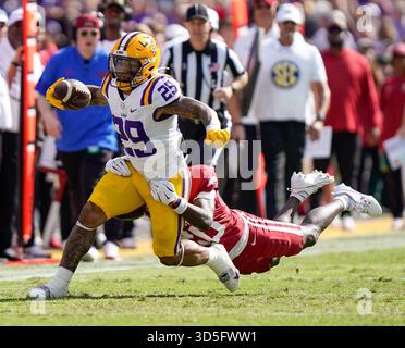 15 novembre 2025: Baton Rouge, Louisiana, USA: Il linebacker degli Arkansas Razorbacks JJ SHELTON (20) affronta il running back dei LSU Tigers CADEN DURHAM (29) durante una partita di football NCAA tra gli Arkansas Razorbacks e i LSU Tigers allo stadio Tiger. (Immagine di credito: © Jerome Hicks/ZUMA Press Wire) SOLO PER USO EDITORIALE! Non per USO commerciale! Foto Stock
