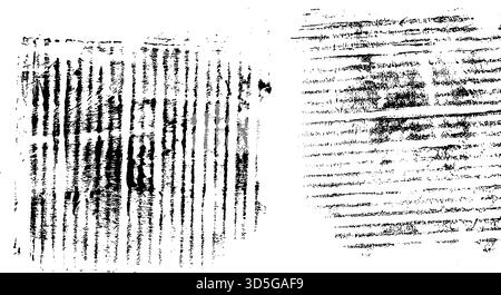Un set di due texture grunge in bianco e nero. Elementi vettoriali astratti in difficoltà con graffi e ripetizioni lineari ruvide Illustrazione Vettoriale