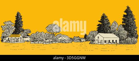 Uno sfondo giallo con un disegno di un'area rurale con case e alberi. Le case sono piccole e gli alberi alti Illustrazione Vettoriale