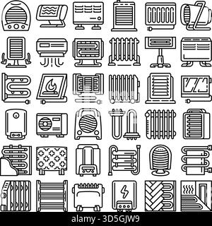 Set icone riscaldatore elettrico. Contorno delle icone vettoriali del riscaldatore elettrico per il design Web isolato su sfondo bianco Illustrazione Vettoriale