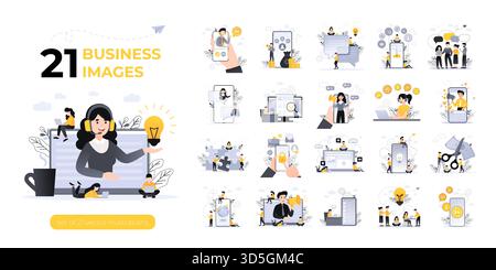 Illustrazioni del concetto di business. Mega set. Raccolta di scene con uomini e donne che prendono parte ad attività commerciali. Illustrazione vettoriale Illustrazione Vettoriale